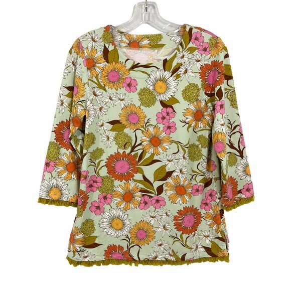 Spartina 449 Green Floral Tunic Top Fringe Trim Bold Print Cotton Size Small - Picture 1 of 7